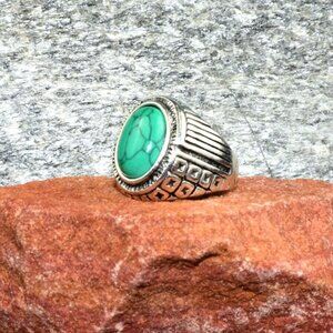 Koda Liam Mens Oval Green Turquoise Etched Silver Ring Size 8.5 Gift Boxed